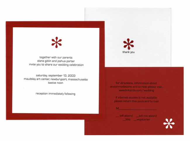 Daisy Wedding Invitation Set. Invitation: 60 lb Red Cover, White Paper, 
